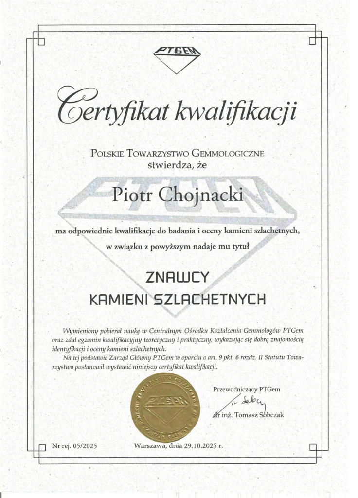 certyfikat HRD ekspert kolorowych kamieni Piotr Chojnacki