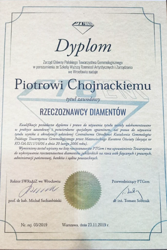 certyfikat rzeczoznawca diamentów Piotr Chojnacki PTGEM