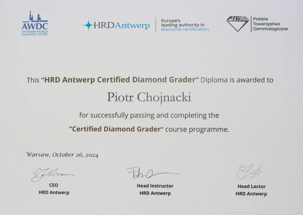 Certyfikat HRD eksperta diamentów Piotr Chojnacki